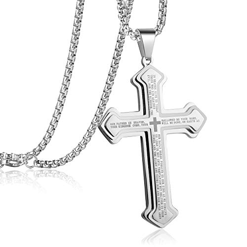 Rehoboth Men's Stainless Steel Nail Lord's Prayer Cross Pendant Necklace For Boy Men Big Pendant And Strong Chain 24" #TOP9