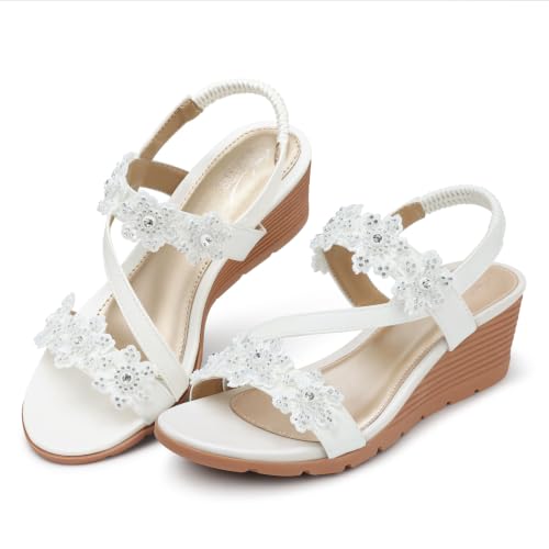 Image of SHIBEVER Womens Wedge Sandals: Well-Cushioned and Support for Comfortable | Low heel, Adjustable Back Strap, Flower, Open Toe Dress Platform Strappy Shoes for Dressy and Casual Summer Size 5-11