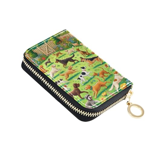 RFID Blocking Credit Card Holder Women's Wallet Small Zip Around Travel Cash Wallet with Coin Pocket Playful Dogs Garden Park