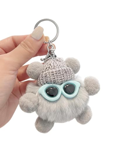 Exodmx Cute Plush Keychain with Knit Hat & Sunglasses, Soft Charm for Backpacks and Keys-grey