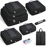 Prezon 8 Set/6 Set/4 Set Compression Packing Cubes for Travel, Lightweight Vacation Travel Essentials, Accessories for Suitcase Organizer Bags Set, Durable Luggage Organizer （8-Square-Black）