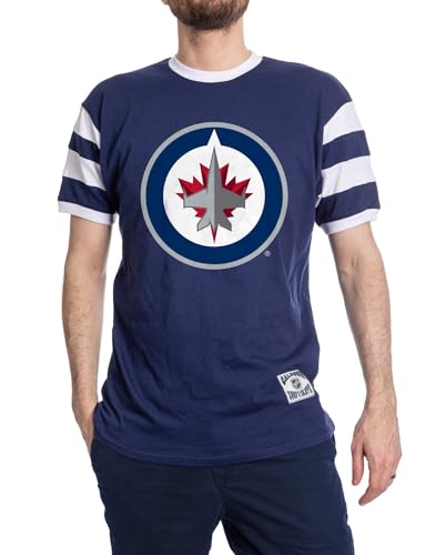 Calhoun NHL Surf & Skate Mens Shoulder Stripe Varsity Inset Sleeve Retro Style T-Shirt – The Coastal Collection (Winnipeg Jets, Large)