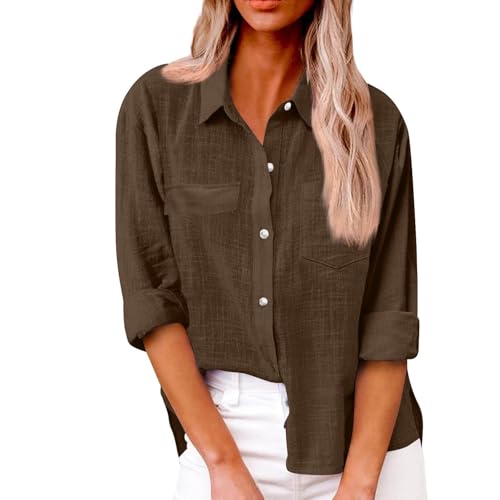 Chemise en Lin Femme Chemise Femme en Lin de Coton à Manches Longues avec Col Boutonné Couleur Unie Lâche Respirant Haut Grande Taille Pas Casual Tunique...