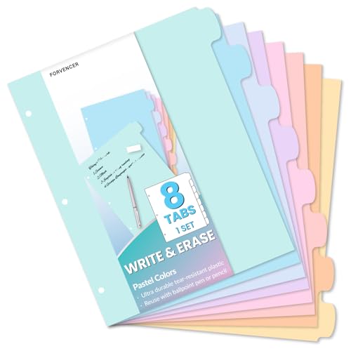 Forvencer 8-Tab Binder Dividers with Tabs, Big Tabs, Write&Erase Plastic Dividers for 3 Ring Binder, Binder Tabs for Organizers, 3 Ring Binder Dividers with Tabs for School Office (Pastels, 1 Set)
