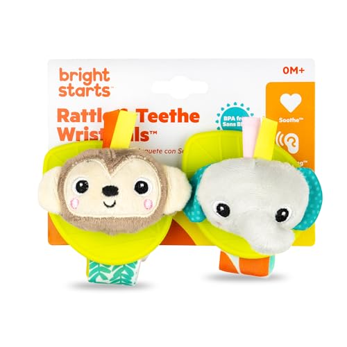 Image of Bright Starts Rattle & Teethe Wrist Pals Toy - Monkey & Elephant, Newborn, 2 Count (Pack of 6)