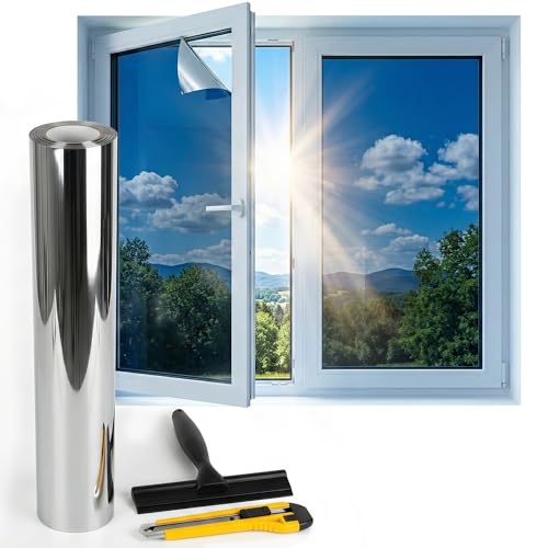 Film Fenetre Anti Regard Film Anti Chaleur Film Occultant Fenêtre sans Tain Anti UV Film Miroir pour Fenetre pour Maison Bureau Chambre Argent, 40 * 200CM