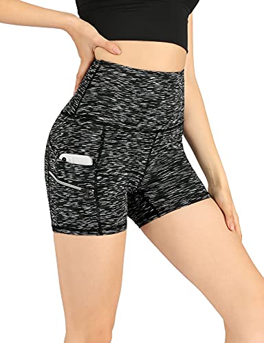 ODODOS Women's Dual Pockets High Waisted Workout 4" Shorts, Yoga Athletic Cycling Hiking Sports Shorts, Spacedye Matt Black, Medium