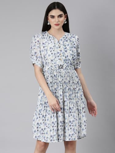 Image of SHOWOFFFF Women Printed Fit and Flare Casual Dress | Sweetheart Neck 3 /4th Sleeves Cotton Dress for Womens | Knee Length Dress for Women's