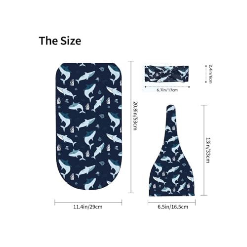 Image of Sharks Ocean Animal Baby Stuff Swaddle Blanket Wrap Baby Newborn Blanket Soft Stretchy with Headband Hat Set Gift for Infant Boy Girl