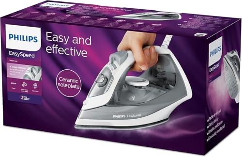 Philips fer à repasser EasySpeed - Puissance Fer à vapeur 2 000 W, Effet Pressing 100 g, Débit Vapeur Continue 15 g/min, Semelle en Céramique Anti-Rayures, Réservoir 220 ml, Gris/blanc (GC1751/80)