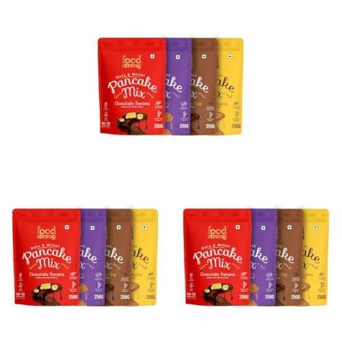 Image of Foodstrong Oats & Millets Pancake Mix (Vanilla, Chocolate, Blueberry & Choco Chip), High Protein & Fibre, No Maida, No Refined Sugar - With Jaggery, Eggless Instant Breakfast Mix 250g x Pack of 12