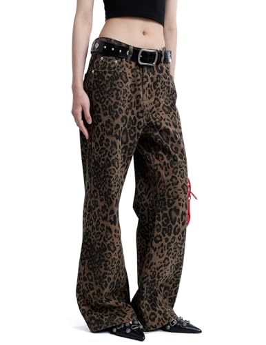 Vamtac Leopard Print Jeans for Women Y2k Leopard Straight Leg Trousers Baggy Cheetah Pants Streetwear