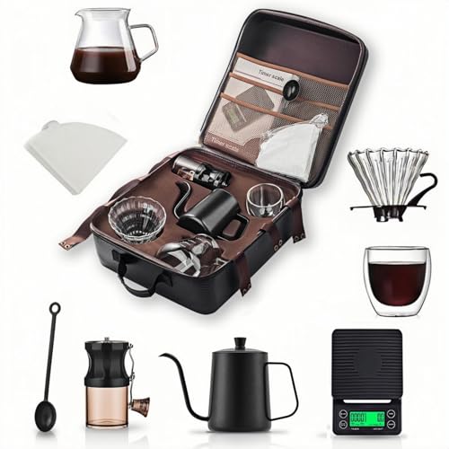 9-Piece Portable Coffee Maker Gift Set – Travel Pour Over Coffee Kit with Manual Grinder, Dripper, Kettle, Server, Scale, Filters & Accessories for Camping, Outdoor & Home Brewing