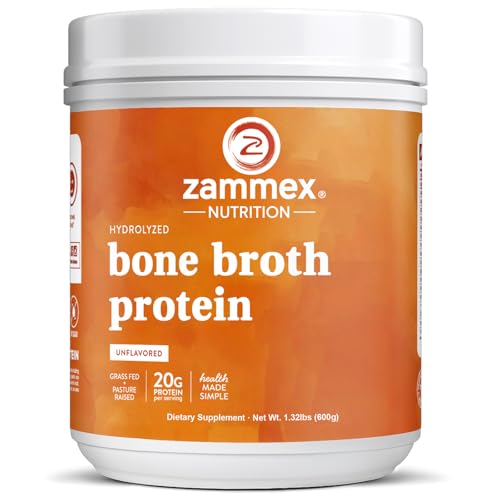 Zammex Pure Grass Fed Beef Bone Broth Protein Powder,20g Protein, Hydrolyzed Collagen Supplement for Healthy Skin,Nails,Hair,Joints, Non-GMO,Gluten Free,Paleo & Keto Friendly, Great in Soup