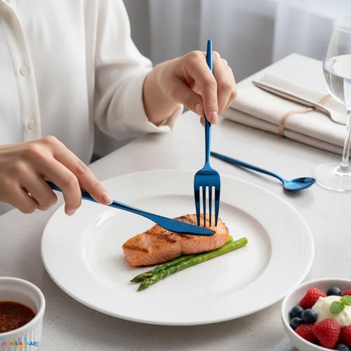 Image of Slim Handle Blue 24 Pcs Stainless Steel Cutlery Set for Dining Table, Dishwasher Safe Glossy Flatware (6 Spoon Set+6 Forks Set+6 Butter Knife+6 Dessert Spoon)