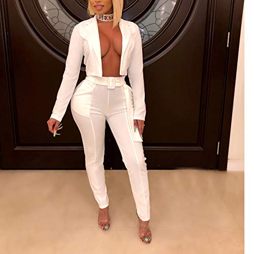 Womens Solid Color Blazers 2 Piece Outfits Long Sleeve Suits with Pants Tracksuit 2-White Small