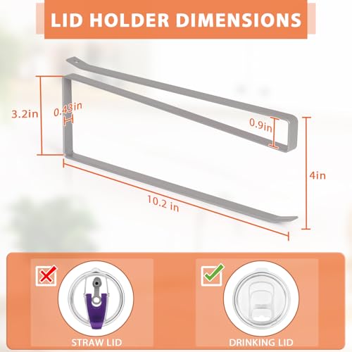 Tumbler Lid Organizer, Horizontal Tumbler Lid Storage Hook Up to 10 Lids, Space Saving Cup Lid Holders Under Cabinet Tumbler Lid Hook for Kitchen Organizer and Storage, Paper Towel Rack Hanger (Gray) - Image 5