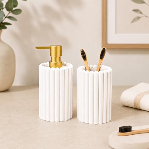 Image of MARKET 99 Bathroom Accessories Set of 2 | White Polyresin Liquid Soap Dispenser & Toothbrush Holder | Matte Bathroom Countertop Organizer | Modern Wash Basin & Vanity Accessory Set