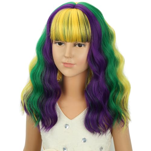 Image of Mardi Gras Wig Yellow Purple Mixed Green Wig with Air Bangs Short Rainbow Wavy Curly Wigs Synthetic Cosplay Hair for Halloween