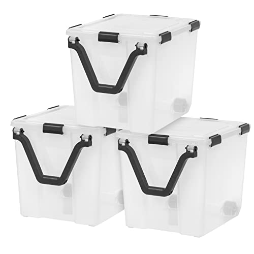 Image of IRIS USA 106 Quart WEATHERPRO Wheeled Plastic Storage Bin Tote Organizing Container with Durable Lid and Seal and Secure Latching Buckles, Clear /Black, 3 Pack
