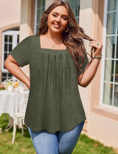 Tanst Sky Women's Plus Size Casual Tunic Tops Square Neck Short Sleeve Shirts Lightweight Pleated Blouses XL-5XL3