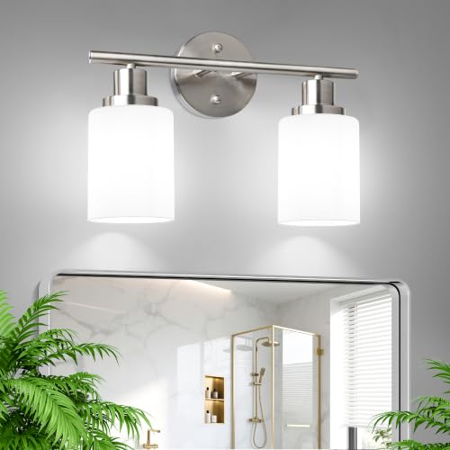 Image of Unicozin 2 Light Bathroom Light Fixtures, Modern Vanity Lights with Milky White Glass Shade, Brushed Nickel Wall Lamp Over Mirror for Bathroom, Living Room, Cabinet, Bedroom, E26 Base