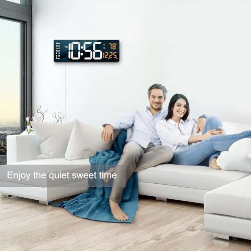 Image of Digital Wall Clock, Digital Clock Large Display, Dual Alarms, Automatic Brightness Dimmer- Easy Track The Time, Date, Day of Week and Temperature, with Remote Control (16 inch Rectangle White & Orenge)