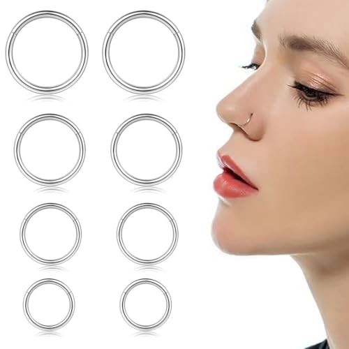 GNALIA Piercing Nariz Plata 8 Unidades Aros Septum Acero Inoxidable Quirúrgico 18G, Cartílago Pendientes De Aro Bisagra Para Labio Helix, Tamaños 8Mm/10Mm/12Mm/14Mm
