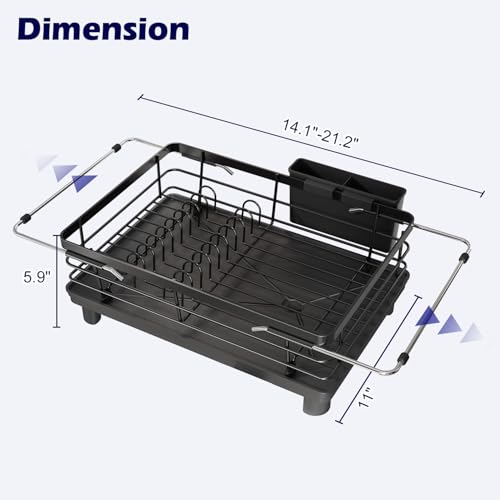 MAJALiS Dish Drying Rack - Dual Use Dish Racks for Kitchen Counter and Sink, Stainless Steel Dish Drainer with Drain Board, Cutlery Holder, 11.0\" W x 14.1\"-21.2\" L, Black