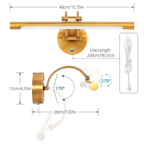 Image of Modern Dimmable Vanity Light Fixtures, Plug-in Rotatable Wall Sconce | 3000K /4500K /6000K Multi CCT Picture Display Wall Mount Lamp 8W 16 Inch(Brass)