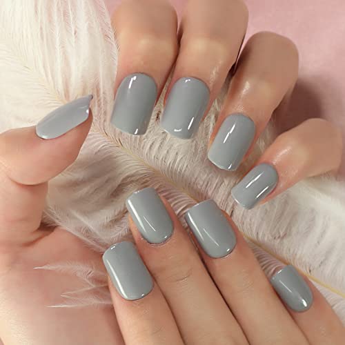 Pure Color Glossy Grey Fake Nails Full Cover Short Squoval Square Gray False Press On Nails Tips For Women Girls Finger Wear #TOP27