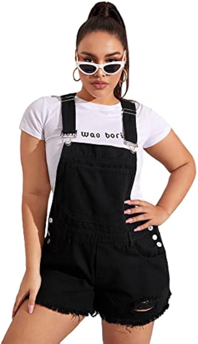 Floerns Women's Ripped Roll Hem Sleeveless Denim Overall Shorts Rompers