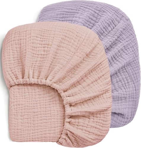 Image of Pro Goleem 2 Pack Muslin Crib Sheets for Girls, Soft Breathable Fitted Cotton Baby Bed Sheets Set for Standard Crib Mattress & Toddler Mattress 52"x28", (Pink&Purple)