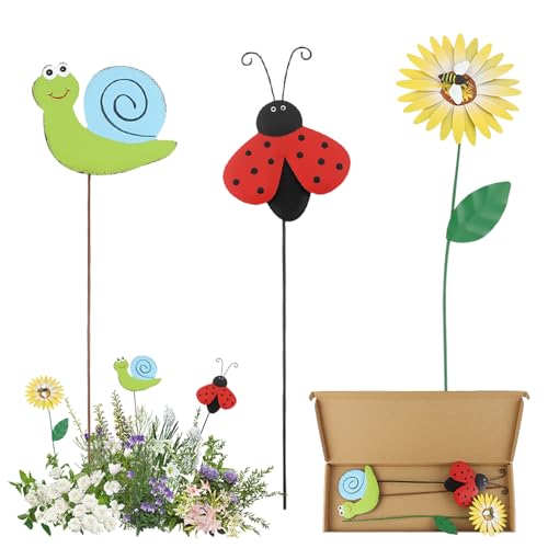 Dzmuero Gartenstecker, 3 Stück Gartendeko Rost, Gartenstecker Rost, Kreativ Frühling Ornamente für Blumen, Gartendekorationen aus Eisen für Draußen, Retro Handwerkskunst (3 Insektenarten)