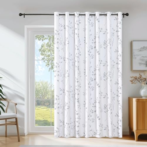Beauoop Floral 100% Blackout Curtains 84 Inch Length 1 Panel for Patio Sliding Door Extra Wide Grey