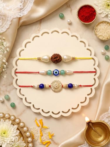 Image of Karatcart Rakhi for Brother Gold-Plated Kundan Rakhi Set of 3 with Roli Chawal