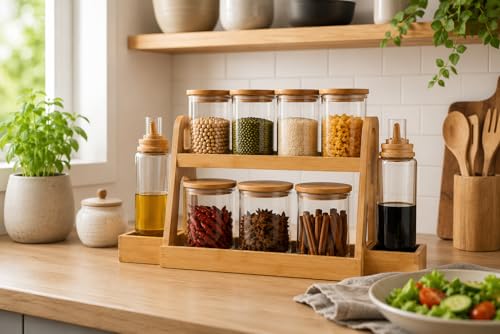 Image of Femora Glass Kitchen Organizer Set with 2-Tier Bamboo Rack | 4 Large Storage Jars 400ml + 3 Small Spice Jars 220ml + 2 Oil Dispenser Bottles 550ml | Airtight Bamboo Lid Containers for Kitchen Storage