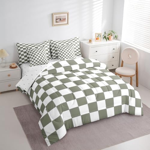 Image of Erosebridal White Sage Green Checkered King Bedding Set 7 Piece Buffalo Plaid Grid Comforter Set with Sheets for Kids Adults Men Women Checkerboard Bed in A Bag Aesthetics Gingham Bed Set