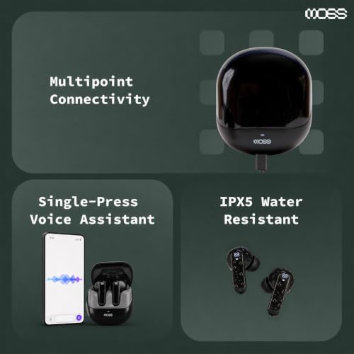 Image of MOSS Echo Whisper - TWS Earbuds Up to 60 Hours Total Playback, ANC (-35dB), ENC Clear Calls, Bluetooth 5.4, 10mm Drivers, Dual Device Pairing, Low Latency (40-60ms), Dual EQ Modes (Black)