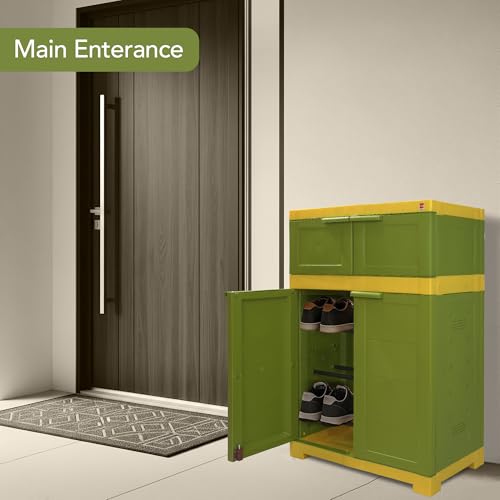 Image of Cello Novelty Dual Plastic Shoe Rack with Dustproof Doors| 3 Year Warranty | Chappal /Slipper /Footwear Stand for Home, Living Room, Office, Outdoor| Green & Yellow Colour