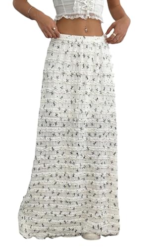 CHARTOU Women Y2k Lace Maxi Skirts Tiered Bow Print Elastic Waist Long Skirt