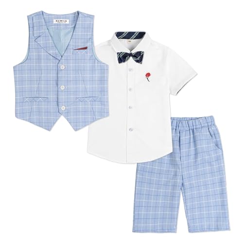 Image of LOLANTA Boys 4PCs Summer Suits, Short Suit Set for Wedding Ring Bearer Outfits Dress Clothes Vest Shirt Shorts Bow Tie