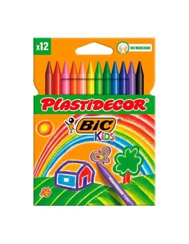 BIC Kids Plastidecor - Ceras para colorear, antimanchas para actividades creativas en casa y el colegio, Blíster de 12 Unidades (Paquete de 1), Colores surtidos, Clásico