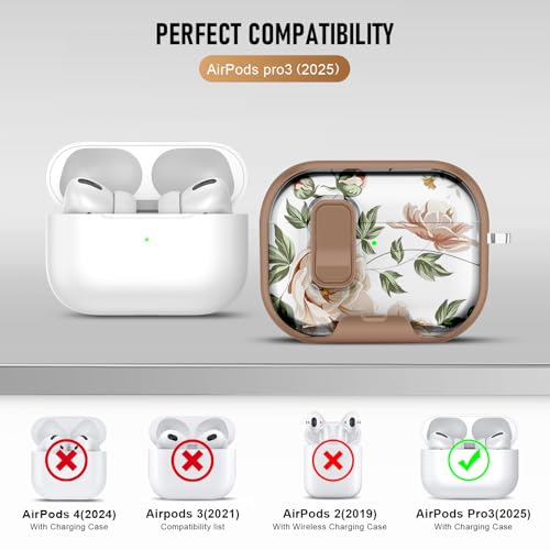 Image of Compatible Airpods Pro 3 Case (2025) with Phone Stand & Cleaner Kit,Cute Flower Print Soft Silicone Lock Clip Apple AirPods Pro 3rd Generation Case, Airpod Pro 3 Cover with Keychain for Women /Girls