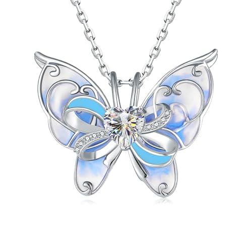 925-Sterling-Silver Y2k Butterfly Necklaces for Women - Cute Gradient Enamel Butterfly Pendant Necklace for Friends, Colorful Zirconia Insect Jewelry Gifts for Her (Gradient Green) Bow and B