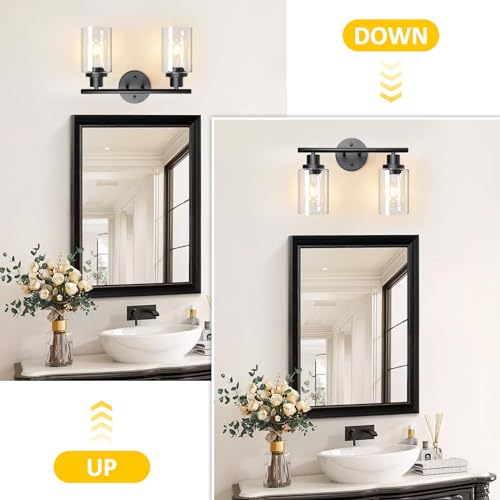 Image of Unicozin 2 Light Vanity Lights, Black Wall Sconce Light with Clear Glass, Bathroom Light Fixtures, Wall Lights for Mirror, Living Room, Bedroom, Hallway, E26 Base (Bulbs Not Included)