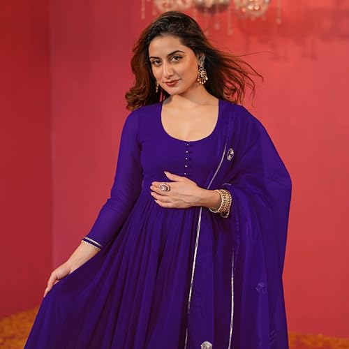 Image of GoSriKi Women's Rayon Viscose Anarkali Solid Kurta with Pant & Dupatta | Soft Comfortable Fabric | Elegant Flared Ethnic Wear Set for Festive Casual Office Daily Use
