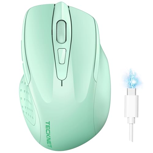 Image of TECKNET Wireless Mouse, BT 5.0 /2.4G, Rechargeable 6-DPI Silent, Green | Bluetooth 5.0 /3.0 & USB A, 2-Device Easy Switch, Wide OS Compatible, 6 Buttons, 6-DPI up to 4800, Ergonomic for S to M Hands