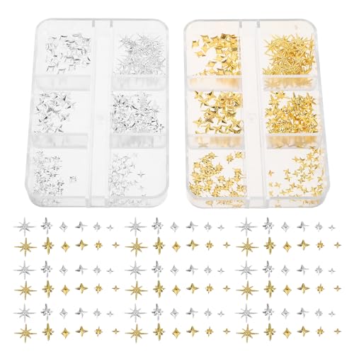 Beavorty Mini Star Nail Charms 2pcs Gold Silver Metal Studs for Nail Art Decorations DIY Manicure Accessories for Women