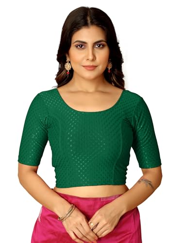 Image of Amazon Brand - Anarva Round Neck Dobby Cotton Lycra Stretchable Elbow Half Sleeve Readymade Saree Blouse for Women Stylish